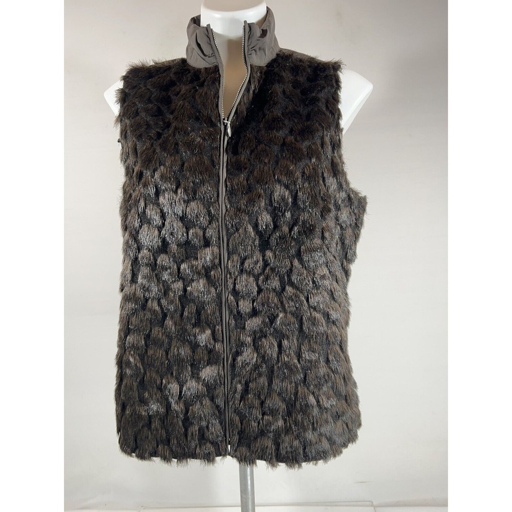 Chicos Faux Fur Vest Size 1 Brown Plush Boho Luxe Sleeveless Layer